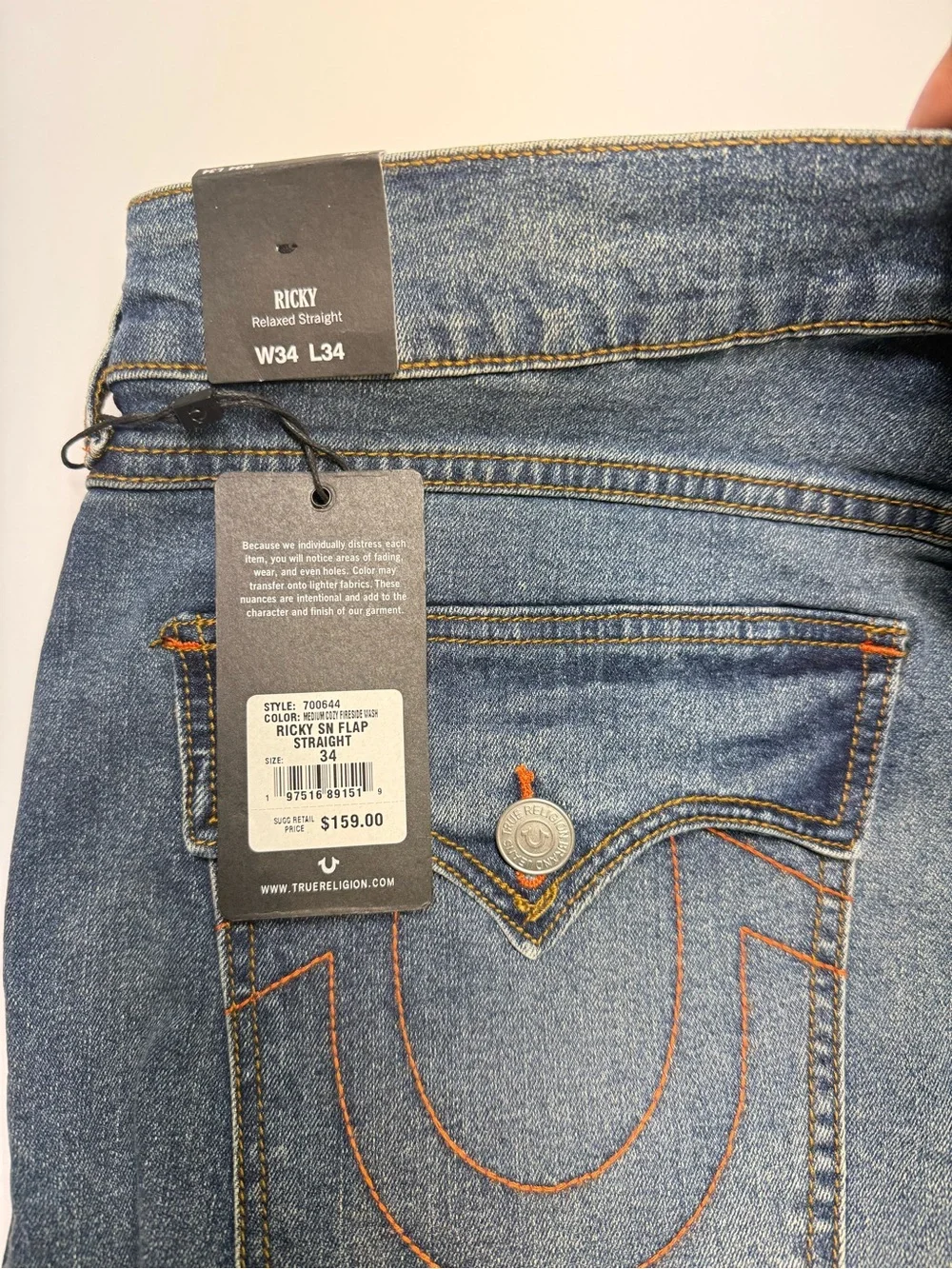 TRUE RELIGION JEANS Ricky SN FLAP RELAXED Straight Fit Men’s Size 34x34 Blue NWT